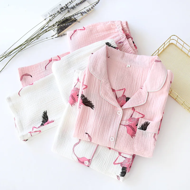 Women Long Sleeve Nightwear Spring 100% Cotton Knitted Pajama Set Cartoon Flamingo Printing Pajamas Loungewear Sleepwear