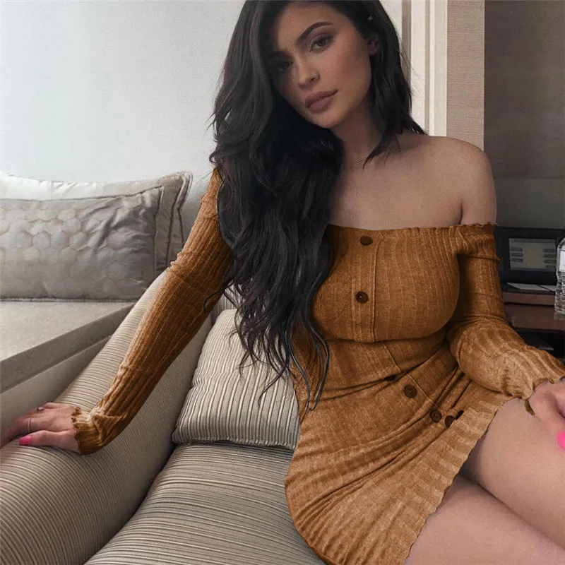 

Flymokoii Knitted Off Shoulder Buttons Tunic Dress Winter Sweater Dress Women Sexy Long Sleeve Bodycon Club black Short Dress
