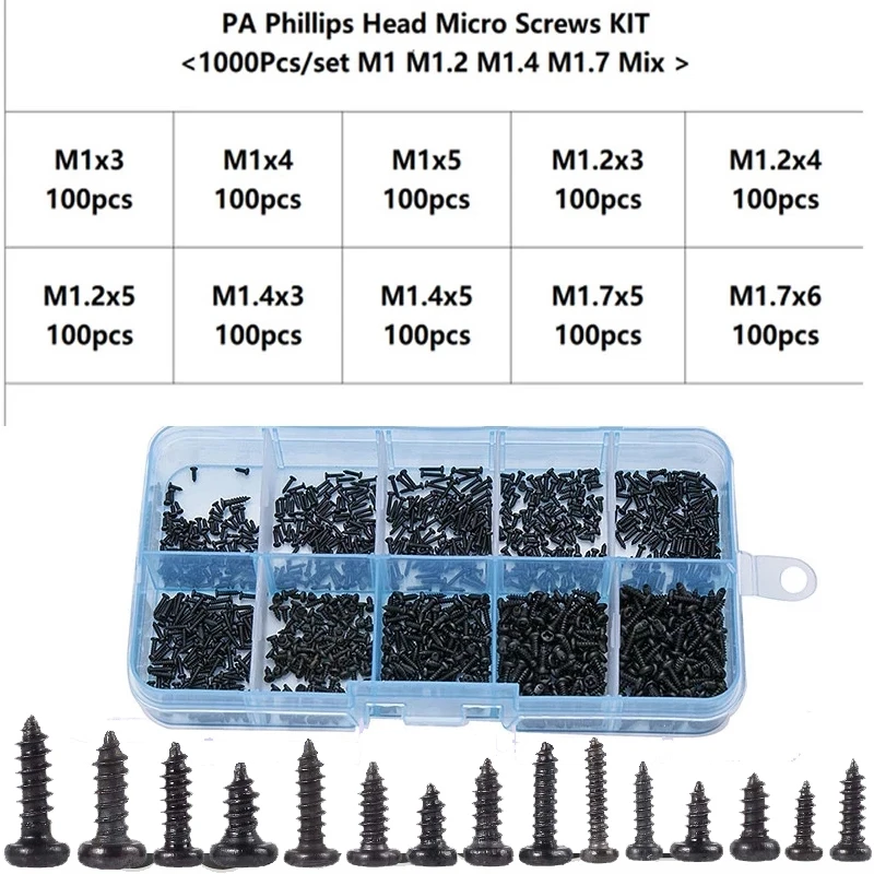 500/1000pcs/set M1 M1.2 M1.4 M1.7 Mix Pa Phillips Head Micro Screws Round Self-tapping Electronic Small Wood Kit | Обустройство дома