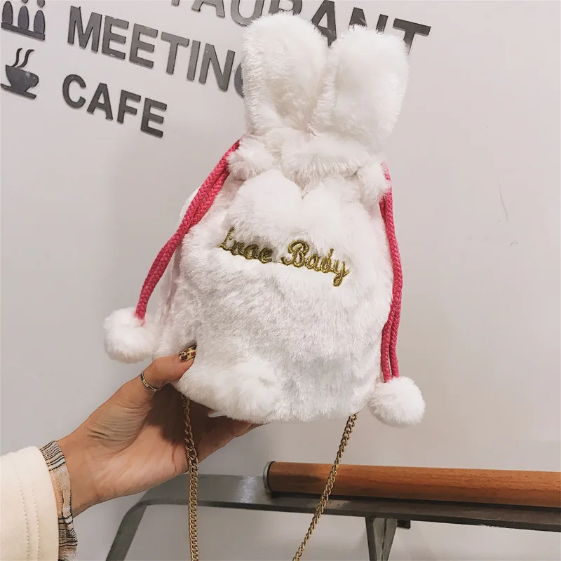 

Plush Bucket Bag Rabbit Eared Furry Ball Spiraea Shoulder Oblique WOMEN'S Bag