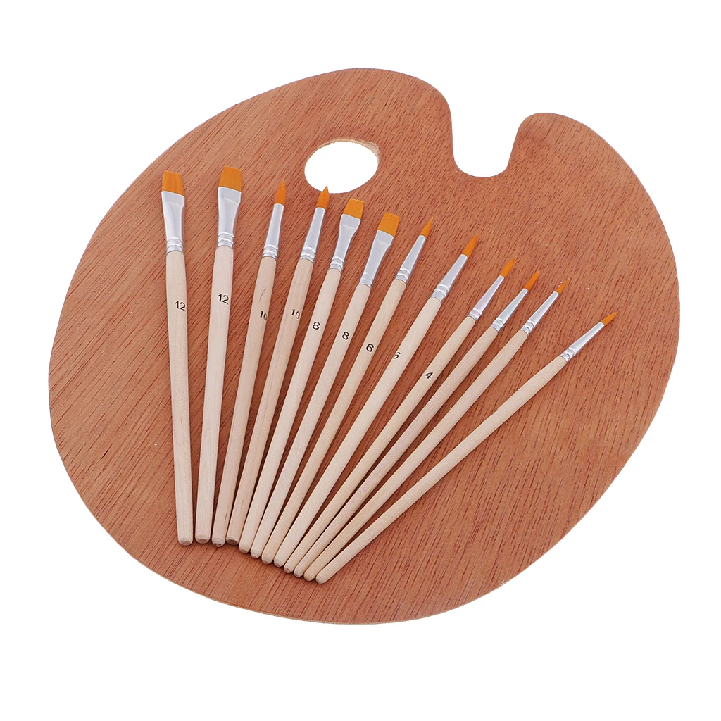12pcs/set Nylon Hair Paint Brush Set Artist Watercolor Acrylic Art Oil Painting Wood Tray Palette | Дом и сад