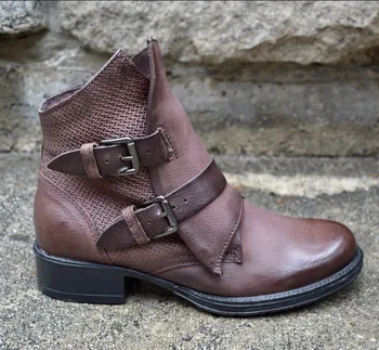 

2020 Explosive Autumn and Winter New Products Women's Boots Low Heel Square Heel Retro Round Head Belt Buckle Low Boots Women