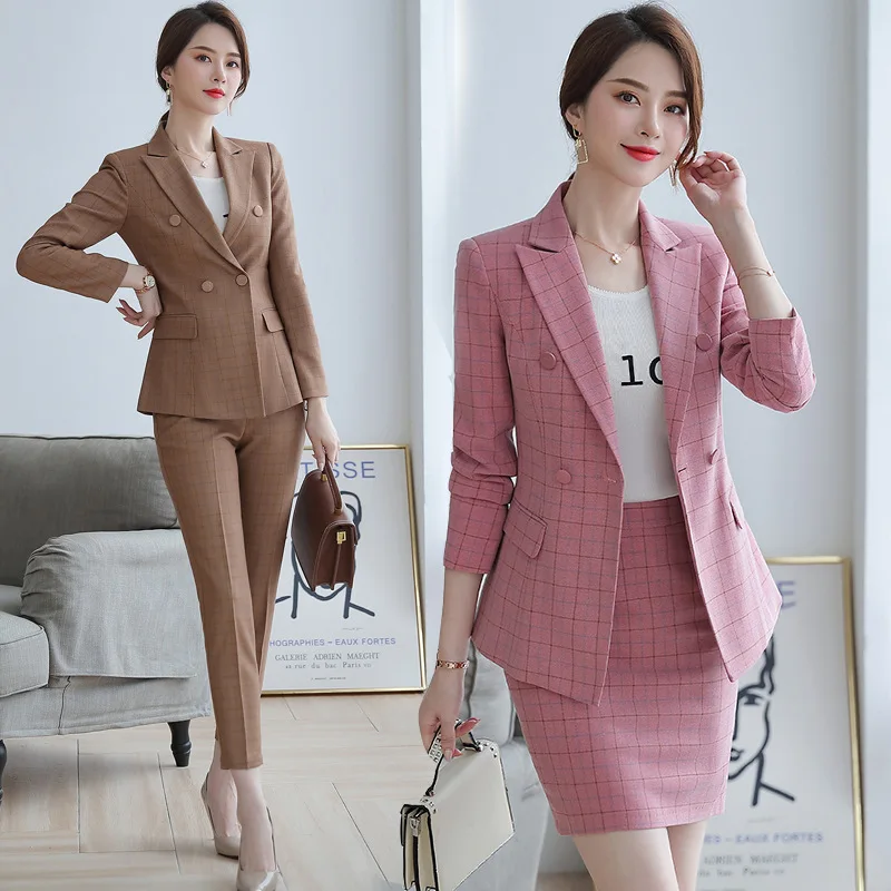 women Elegant Slim plaid suit jacket womens plaid pant suits for women