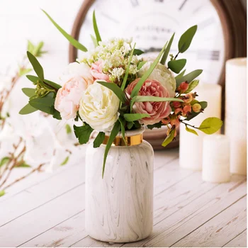 

1pc Modern Marbled Ceramic Vase Flower Vase with Golden Ring Water Planting Container Home Decorative Wedding Gift WJ804