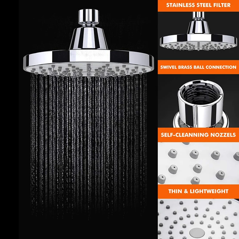 Shower Head 6 Inch Anti-Leak Anti-Clog Fixed Rain Showerhead Rainfall Spray Relaxation and Spa for High Water Pressure and Flow