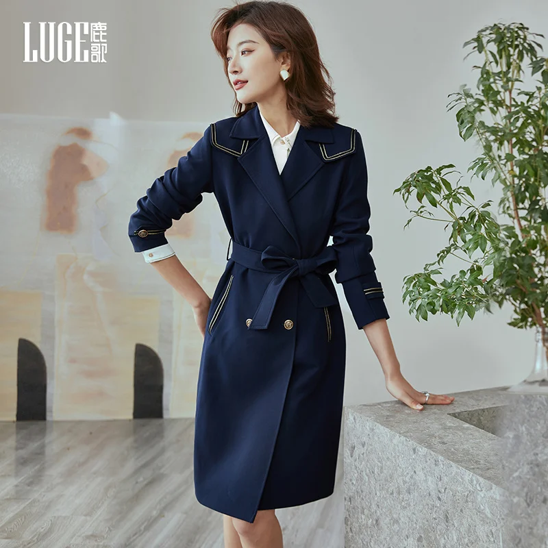

2021 autumn new fashion temperament British style coat waist closed double breasted windbreaker women's middle and