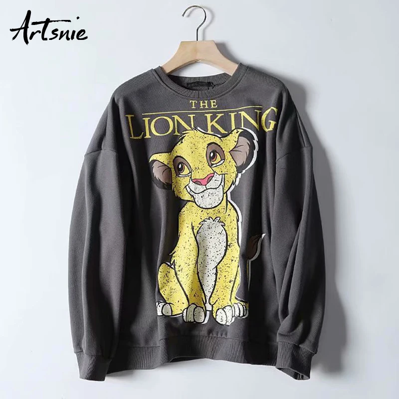  Artsnie streetwear cartoon gray sweatshirt women autumn 2019 o neck long sleeve oversized hoodie ca