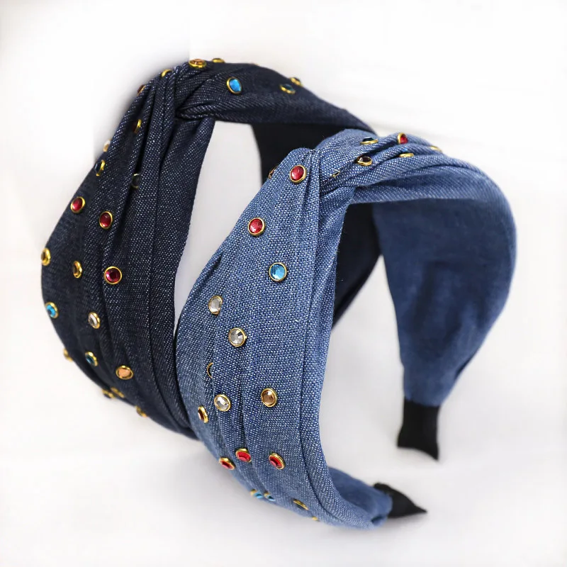 

Summer New 2020 Women Colorful Rhinestones Jeans Headbands Denim Ladies Girls Headwrap Hairbands Twist bow Knot hair Accessories