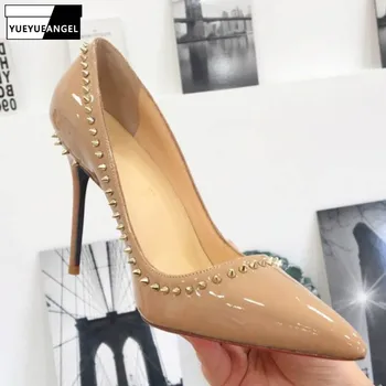 

New Sexy Luxury Rivets Shoes Woman High Heels Ladies Shoes Pointed Toe Heels Pumps Women Dress Shoes Genuine Leather Woman Pumps