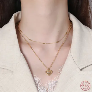 

OBEAR 925 Sterling Silver Double Layer Heart Pendant Necklace Women 18K Gold Chic Necklace Exquisite Jewelry Gift