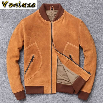

Vintage Genuine Men Real Cow Suede Motorcycle Biker Pilot Baseball Casual Male Winter Warm Short Leather Jacket