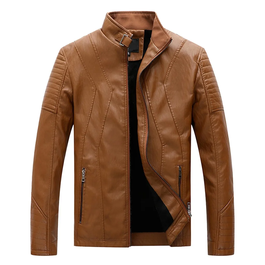 Мужская кожаная куртка осень зима кожаная курка мужская jaqueta de couro masculino Байкерская мотоциклетная куртка на молнии с длинными рукавами#3