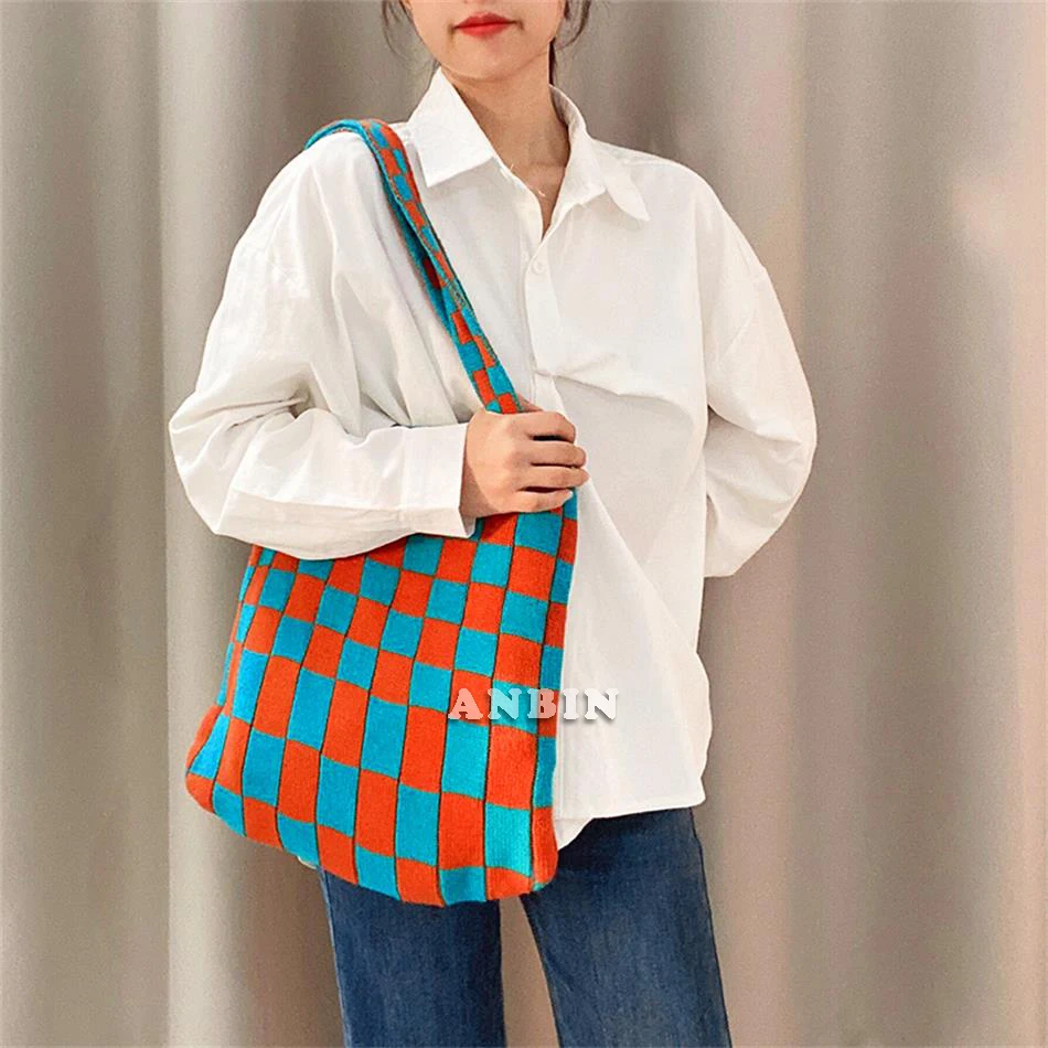 Women Knitting Checkerboard Design Tote Shoulder Bags Casual Weave Woolen Plaid Handbag Female Fashion Shopping Cotton Cloth Bag | Багаж и