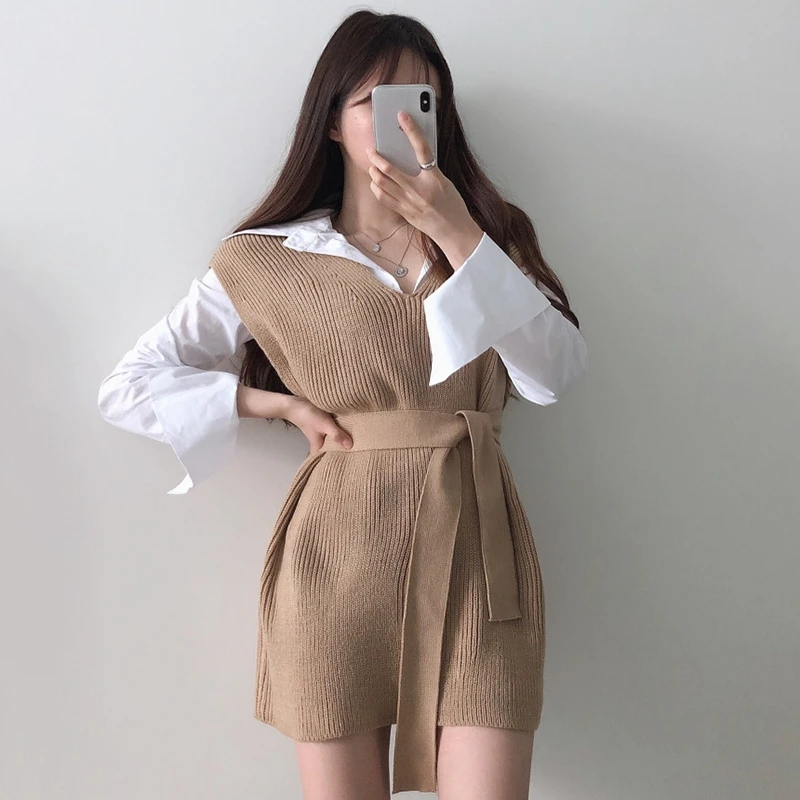 Khaki women sweater RICININA Knitted Vest Women Sweater Sleeveless V Neck Sashes Bandage Solid Elegant Sweaters Women Pullovers Jumpers Woman - Цвет: Khaki women sweater