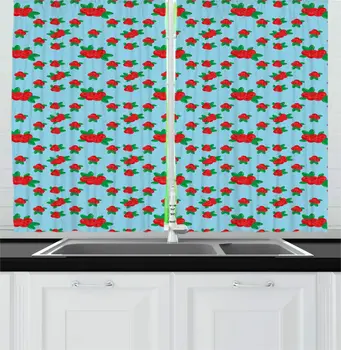 

Pale Sky Blue Vermilion Cranberry Kitchen Curtains Cartoon Style Print of Lingonberries from The Berry Family for Kitchen Cafe