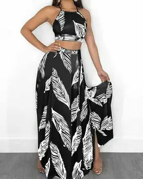 

2020 Summer 2pcs Print Floral Sleeveless Short Halter Top + Skirt Beach Wear Dress Outfit Holiday Casual Women's Skirt Sets