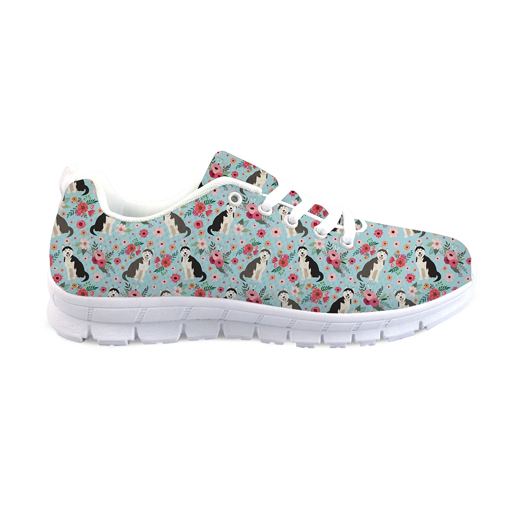 

THIKIN Husky Pattern and Flowers Print Lace-Up Sneakers with Print Womens Shoes Flats Platform Girls Kawaii Mesh Footwear Custom