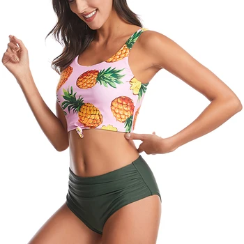 

Pineapple Print Ruched High Waist Women Bikini Sets 2020 Mujer Two Piece Tied Swimsuit Push Up Padded Tankini Bathing Suti