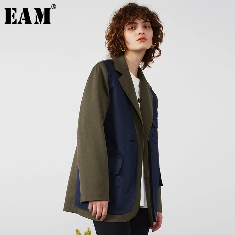 

[EAM] Women Green Contrast Color Split Blazer New Lapel Long Sleeve Loose Fit Jacket Fashion Tide Spring Autumn 2020 1R689