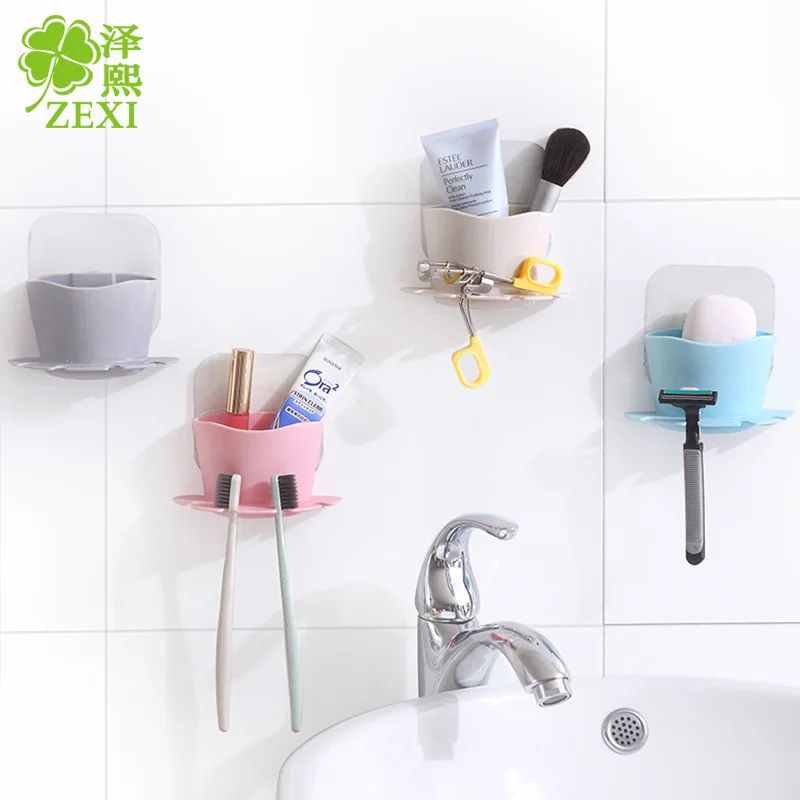 

Z0032 Creative Sucker Soap Dish Bathroom Seemless Sucker Plastic Toothbrush Holder Multi-functional Water Draining Storage Shelf