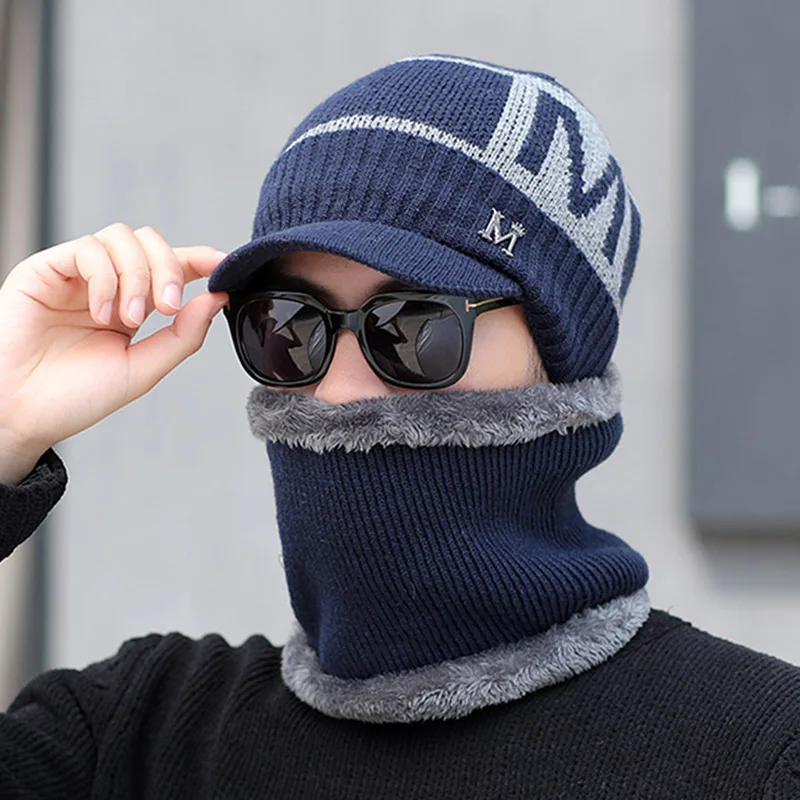 Men Knit Cap with Neck Gaiter Knit Visor Beanie Fleece Lined Thickened Cap Set ASD88