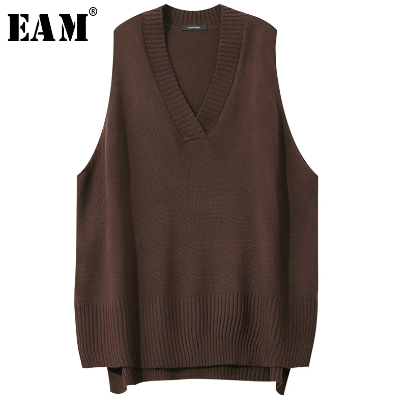 

[EAM] Women Loose Fit Knitting Split Joint Big Size Oversize Vest New V-collar Sleeveless Fashion Tide Spring Autumn 2019 1A895