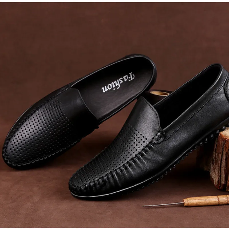 

Mens Shoes Casual Men Loafers Italian shoes Genuine Leather hollow out Moccasins Breathable Slip on Boat Shoes men big size 47 5