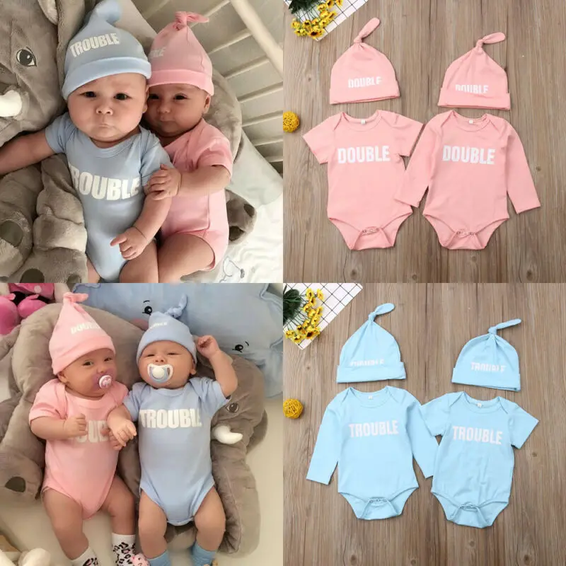 

Infant Newborn Baby Boys Girls 0-18M Twins Jumpsuit Bodysuit Hat Cotton Clothes Outfits