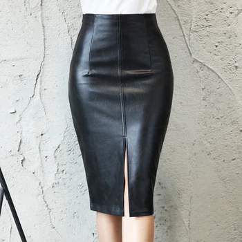 

2019 Women PU Leather Midi Skirt Autumn Winter Ladies Package Hip Front Slit Pencil Skirt Plus Size