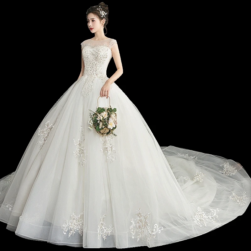 Mrs Win/свадебное платье; роскошное кружевное платье с круглым вырезом и длинным шлейфом; бальное платье с вышивкой бисером; свадебное платье принцессы;