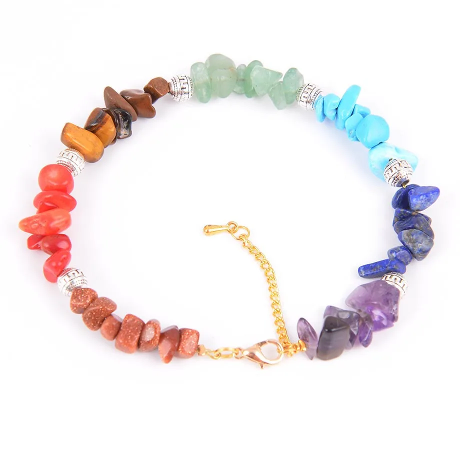 7 Chakra Reiki Women Bracelets Chain Link Lobster Clasp Healing Balance Natural Chip Stone Beads Meditation Rainbow B108