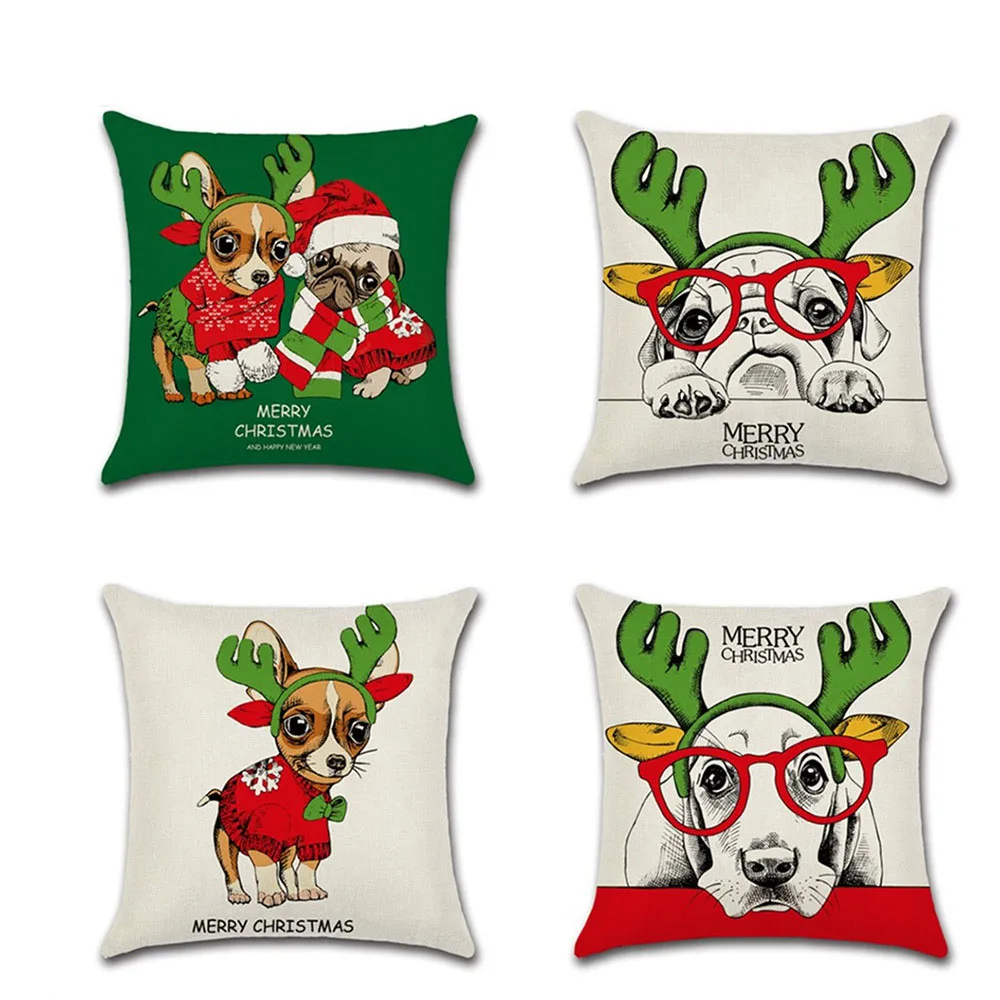 

Christmas Theme Linen Cushion Cover Throw Flax Pillow Case Decorative Cute Dog Pattern Pillowcase 45*45cm