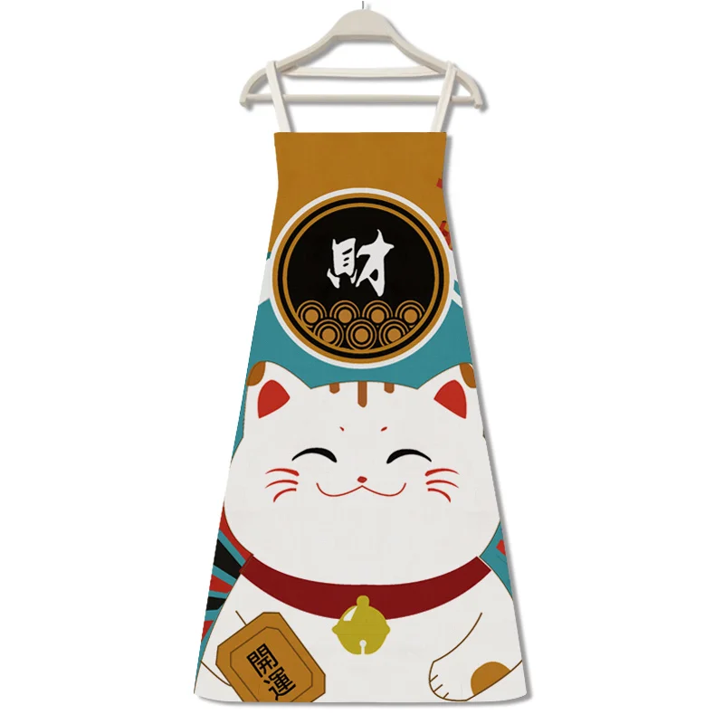 

Japanese style Fortune Cat cotton linen apron household kitchen oil and dirt proof cooking cartoon cleaning apron sleeveless