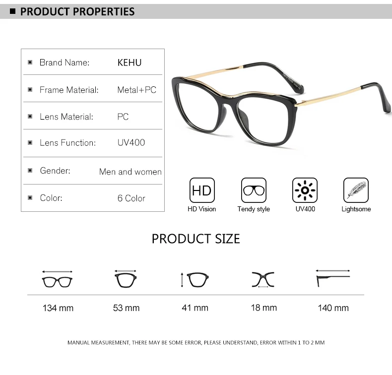 KEHU summer New Style Cat Eye Glasses Women Brand Ultralight Fashion Non-Optical Eyeglass Frame UV400 Lens Goggles KE39