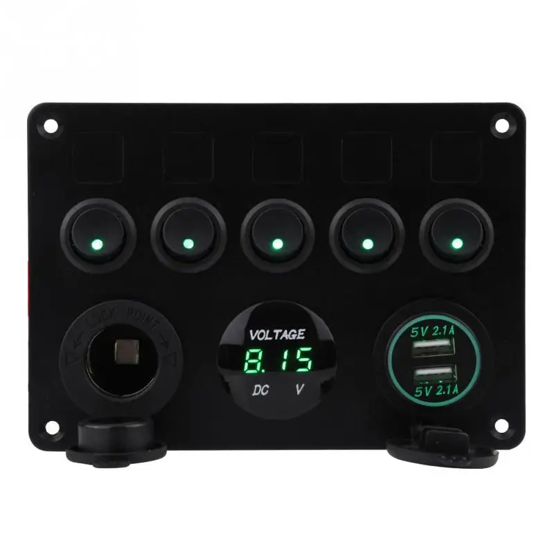 12-24V 5 Gang ON-OFF Toggle Switch Panel Dual USB Socket Charger LED Voltmeter 12V Power Outlet for