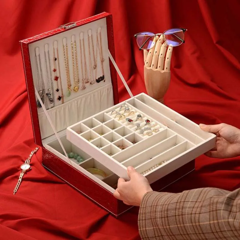 Large Jewelry Organizer Box Leather Necklaces Earrings Holder