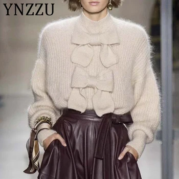 

YNZZU Sweet Bows Lantern Sleeve Wool Sweater Jumpers Women 2019 Autumn Winter Pink Stand Collar Warm Knitted Pullover Tops AT382