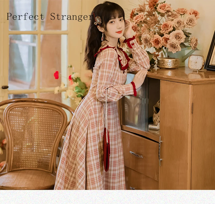 2021 Spring Autumn New Arrival High Quality Retro Korean Peter Pan Collar Plaid Long Sleeve Women Long Dress