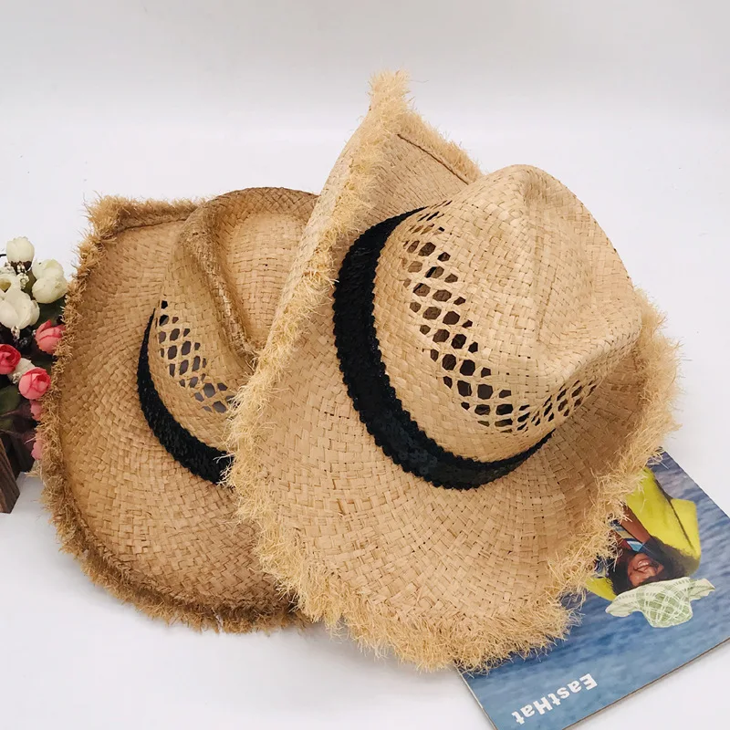 

01907-fcm146 summer handmade raffia American west Cowboy Light breathe freely raw brim fedoras cap men women panama jazz hat