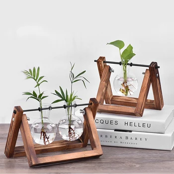 

Clear Glass Planter Three Bulb Vases With Retro Wood Stand Terrarium Table Ornament Display Desktop Hydroponics Pot Hanging
