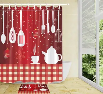 

Christmas Bathroom ShowerCurtain and Non-slip Mat Carpet Red Plaid Kitchen Kettle Printing Waterproof Polyester Shower Curtain