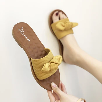 

Female Shoes Ladies' Slippers Butterfly-knot Luxury Slides 2020 Soft Designer Summer Flat Rubber Casual Rome Fabric PU Leisure