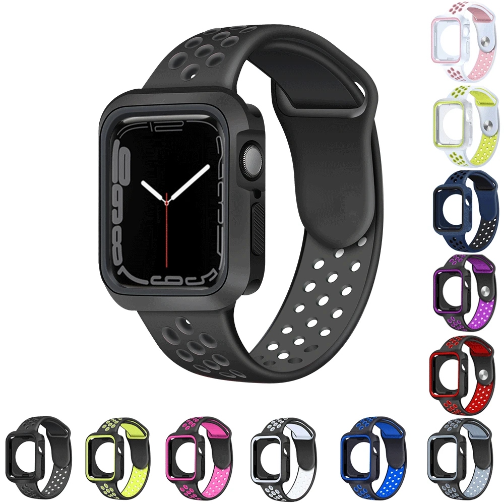 

Dual Color Protective Case Silicone Strap for Apple Watch 45mm 41mm 44mm 40mm Rubber Band Series 7 6 SE 5 4 3 Sport Bracelet