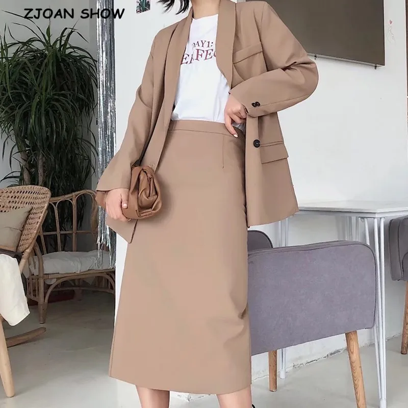 2020 Autumn Double-breasted Button Mid Long Blazer High Waist mid calf Back Slit Skirts OL Women Sleeve Suits 2 Pieces Set |