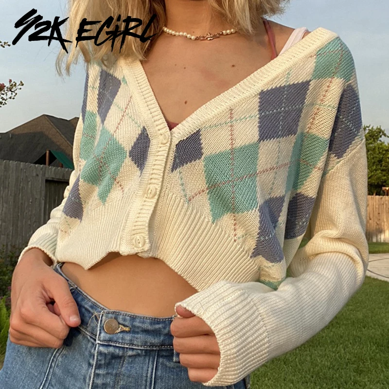 

Y2K EGIRL Aesthetics Argyle Plaid Single-breasted Knitted Cardigans Vintage Deep V-neck Loosed White Sweaters Autumn Fashion Top