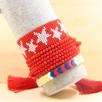 

Stacked Tila Tile beads bracelet ,Boho bracelet ,Red miyuki bracelet With tassels pendant ,Seed beads bracelets.