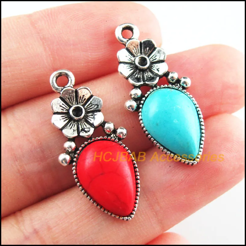 

8Pcs Retro Tibetan Silver Tone Flower Teardrop Blue&Red Stone Charms Pendants 13.5x29mm