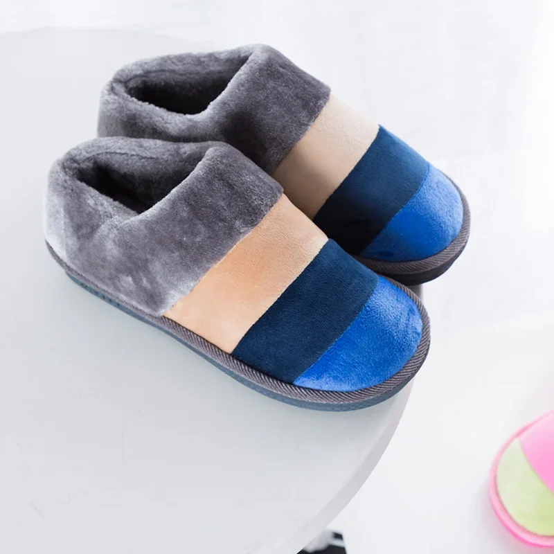 Winter Color Striped Wool Slippers Couple Home Thick Warm Men and Women Cotton Slippers House Slippers Cute Plush Women Shoes