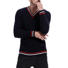 Осенний мужской полосатый свитер, однотонный Хлопковый вязаный свитер с v-образным вырезом, мужской английский приталенный повседневный элегантный стиль, одежда с длинными рукавами