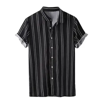 

2020 Summer Men's Hawaiian Shirt Tops Fashion Strip Print Short Sleeve Stand Collar Linen Streetwear Shirt Men Top Chemise Homme